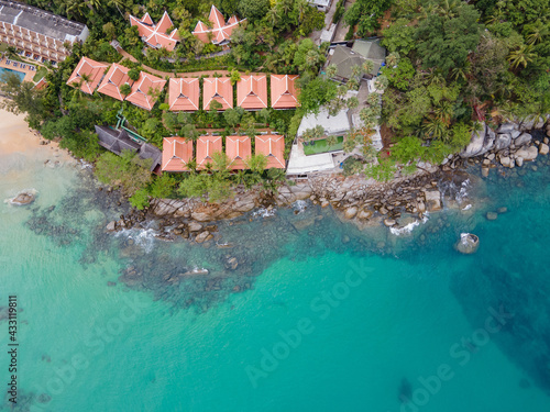 Aerial view of resort at Karon Beach in Phuket. Beautiful coastal landscape of Andaman sea. Famous tourist destination in Thailand