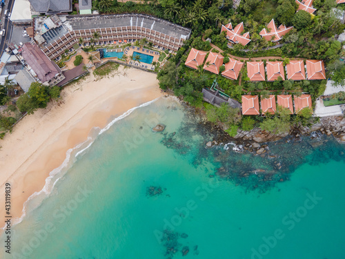 Aerial view of resort at Karon Beach in Phuket. Beautiful scenery beach of Andaman sea. Famous tourist destination in Thailand