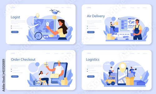 Logistic and delivery service web banner or landing page set.