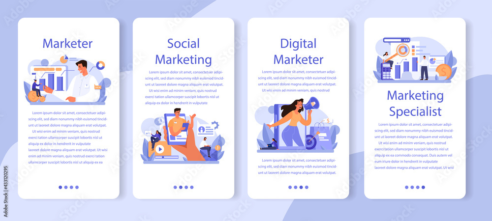 Marketer mobile application banner set. Advertising and marketing concept.