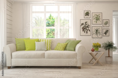 White living room with sofa and summer landscape in window. Scandinavian interior design. 3D illustration © AntonSh