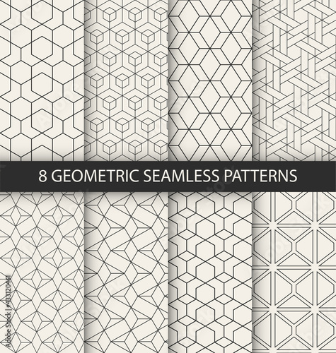 Vector set of eight seamless patterns. Modern stylish texture. Repeating geometric tiles with dotted rhombuses.
