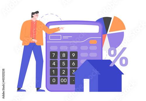 Man next to a giant calculator, a house, a pie chart and a percent sign. Real estate investment consultant. Vector flat illustration.