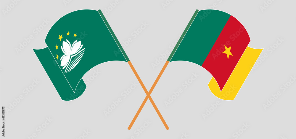 Crossed and waving flags of Macau and Cameroon Crossed and waving flags of Macau and Cameroon