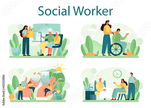 Social worker set. Charity volunteer community support and take care of people