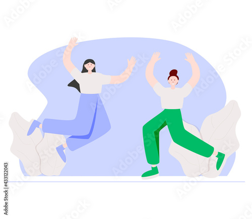 Happy Women Jumping on White Background. Young Joyful Female Characters Jump or Dancing with Raised Hands. Happiness, Freedom, Motion and Motivational Concept. Cartoon People Vector Illustration