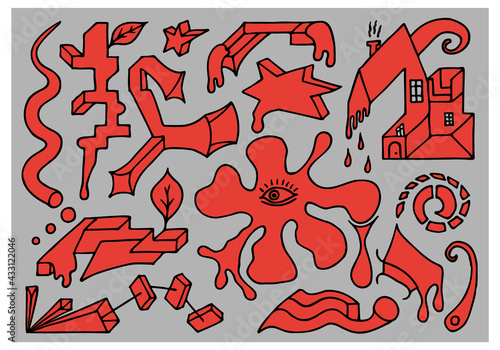 Psychedelic, surreal red elements on a gray background in doodle style. Hand Drawn.