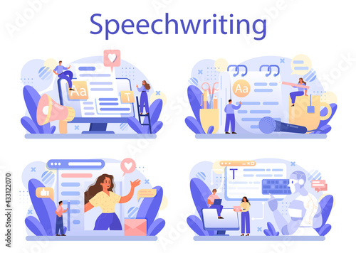 Speechwriting concept set. Professional speaker or journalist write a content