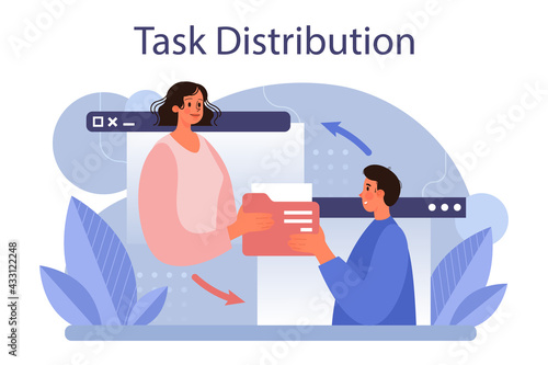 Task distribution concept. Interaction of departments, business teamwork