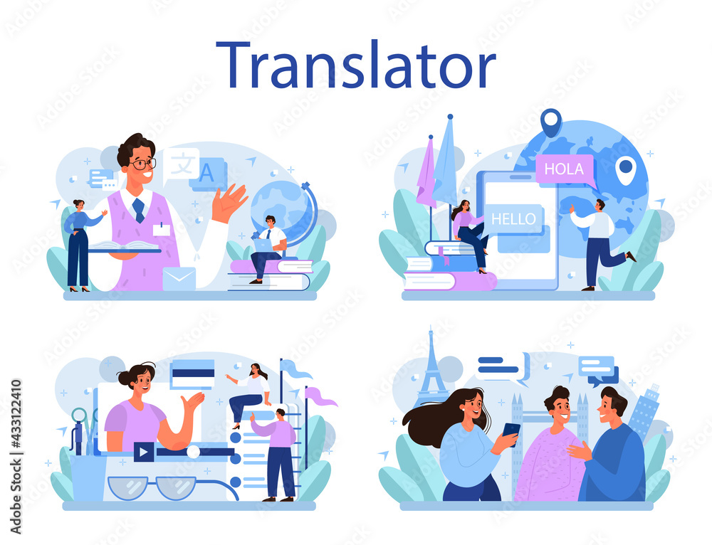 Translator concept set. Linguist translating document, books