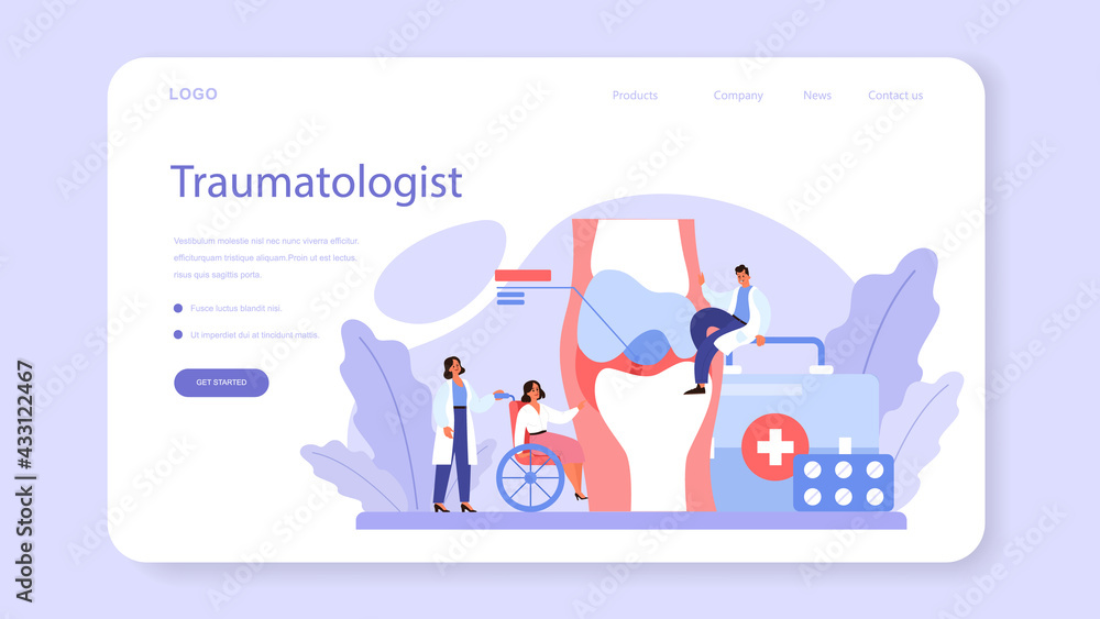 Traumatologist web banner or landing page. Injured limb, broken bone Traumatologist web banner or landing page. Injured limb, broken bone