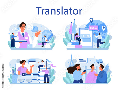 Translator concept set. Linguist translating document, books