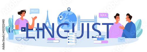 Linguist typographic header. Person translating document, books and speach