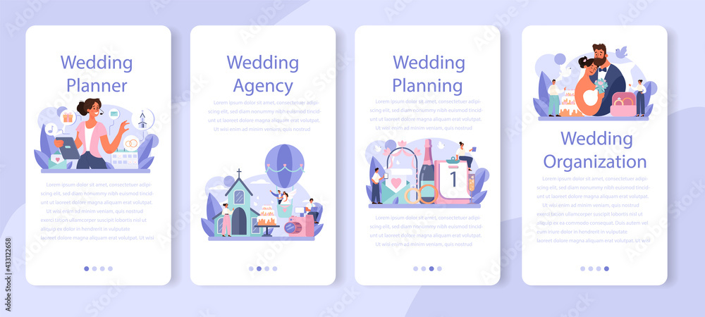 Wedding planner mobile application banner set. Professional organizer