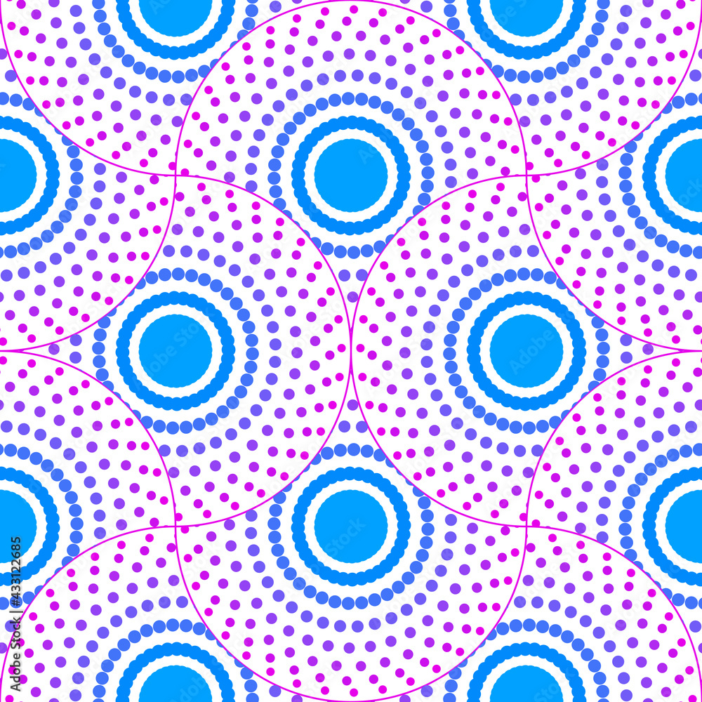 Fototapeta premium Abstract geo dotted vortex fish scale seamless pattern. Ornamental eye tile, mosaic background. Patchwork infinity card. Modern geometric motifs.