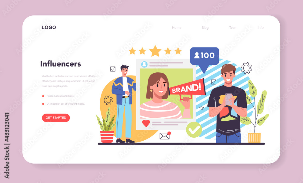 Influencer promotion web banner or landing page. Advertsing and PR Influencer promotion web banner or landing page. Advertsing and PR