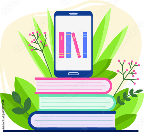 Smartphone with books on screen placed on stack of books. Vector illustration. Concept of illustration for e-book store or reading on-line