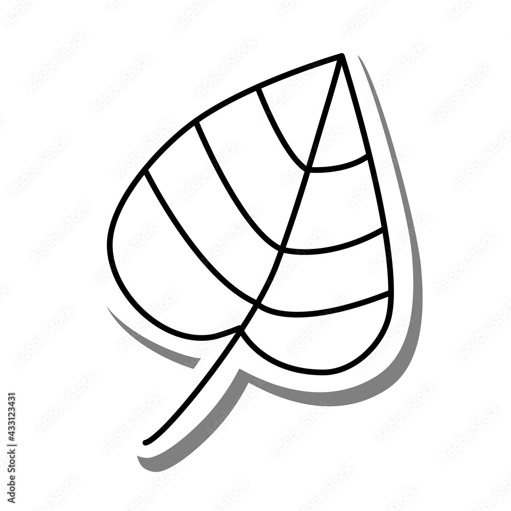 Black line cartoon simple leaf on white silhouette and gray shadow. Icon Emoji for decoration or any design. Vector illustration of nature.
