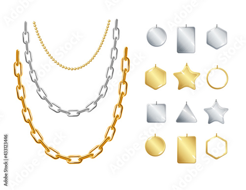 Realistic Detailed 3d Gold and Silver Chain Necklace with Pendants Set. Vector