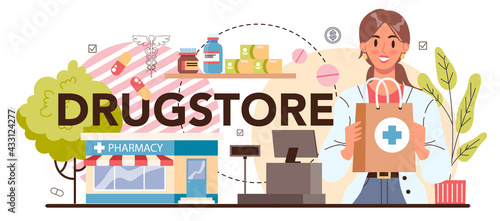 Drugstore typographic header. Pharmacist selling drugs in bottle and box