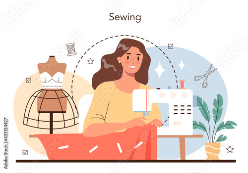 Fashion designer concept. Professional tailor sewing or fitting clothes.