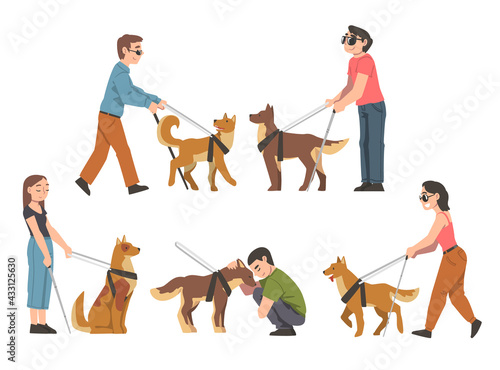 Seeing Eye Dog Guiding Blind People Set, Trained Animal Helping Disabled Person, Rehabilitation, Handicapped Accessibility Cartoon Vector Illustration