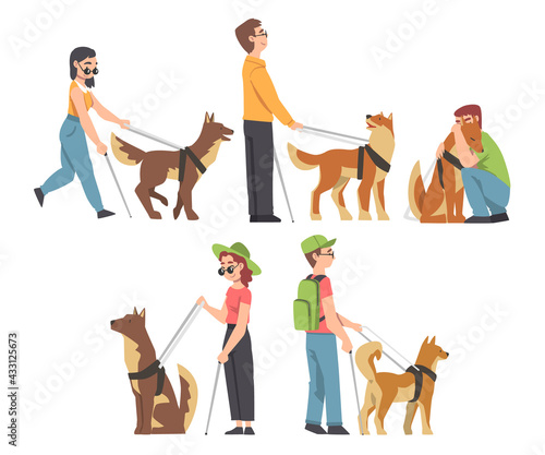 Blind People Walking with Seeing Eye Dogs on Leash Set, Trained Animal Helping Disabled Person, Rehabilitation, Handicapped Accessibility Concept Cartoon Vector Illustration © topvectors