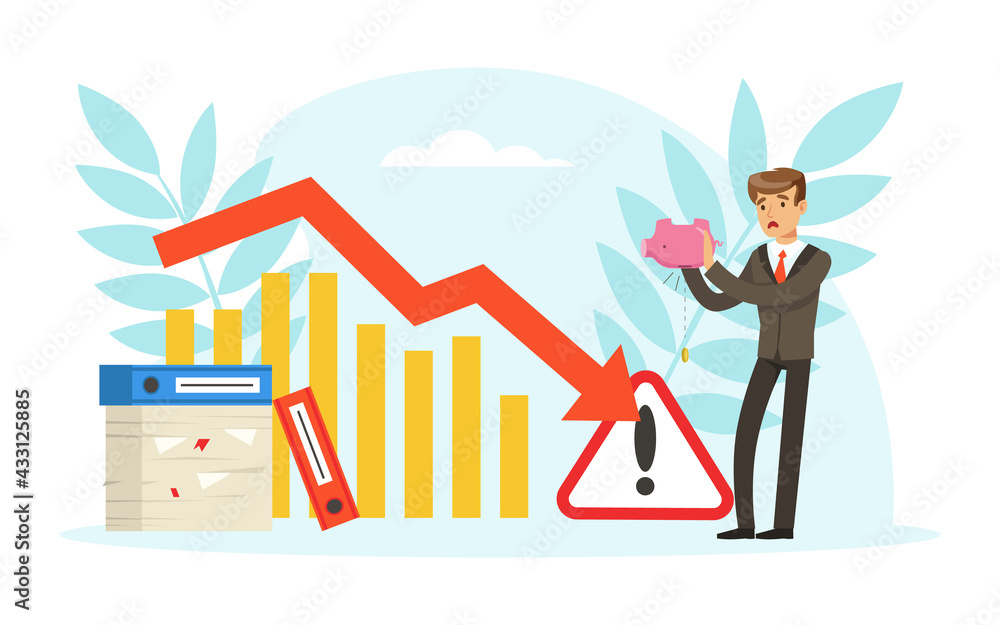 Stressed Businessman with Falling Trading Charts, Business Failure, Work Mistake, Bankruptcy Concept Vector Illustration Stressed Businessman with Falling Trading Charts, Business Failure, Work Mistake, Bankruptcy Concept Vector Illustration