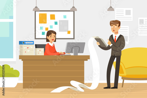 Frustrated Businessman Analysing Financial Report in Office, Business Failure, Economic Risk, Bankruptcy Concept Vector Illustration