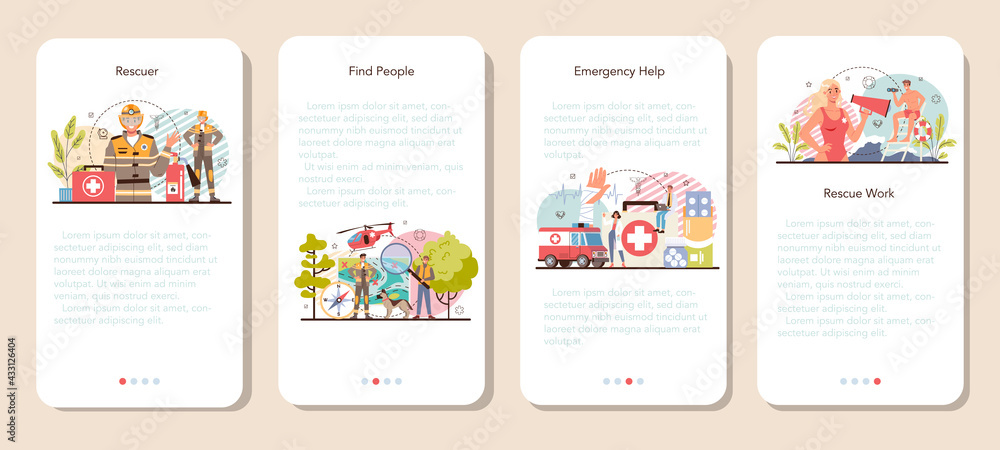 Urgency rescuer mobile application banner set. Ambulance lifeguard