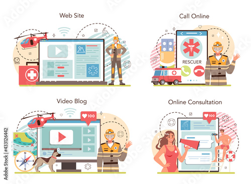 Urgency rescuer online service or platform set. Ambulance lifeguard