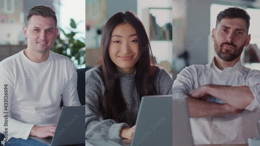 Multi-screen group portrait of three diverse young people freelancers working on laptop computers smiling to camera. Successful business youth. Multi-race.