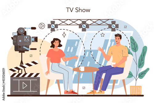 TV presenter concept. Television host in studio. Broadcaster