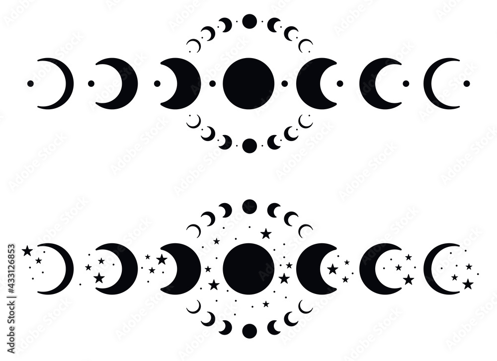 Moon phases silhouettes with stars. Moon phases silhouettes with stars.