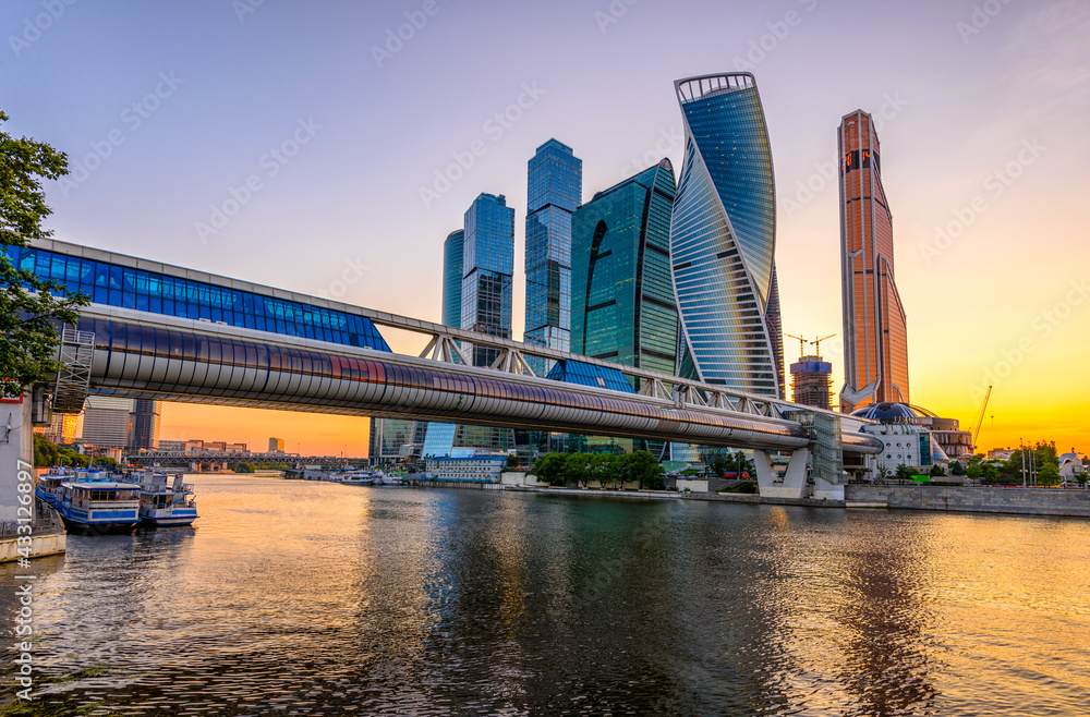 Skyscrapers of Moscow City business center and Moscow river in Moscow at sunset, Russia