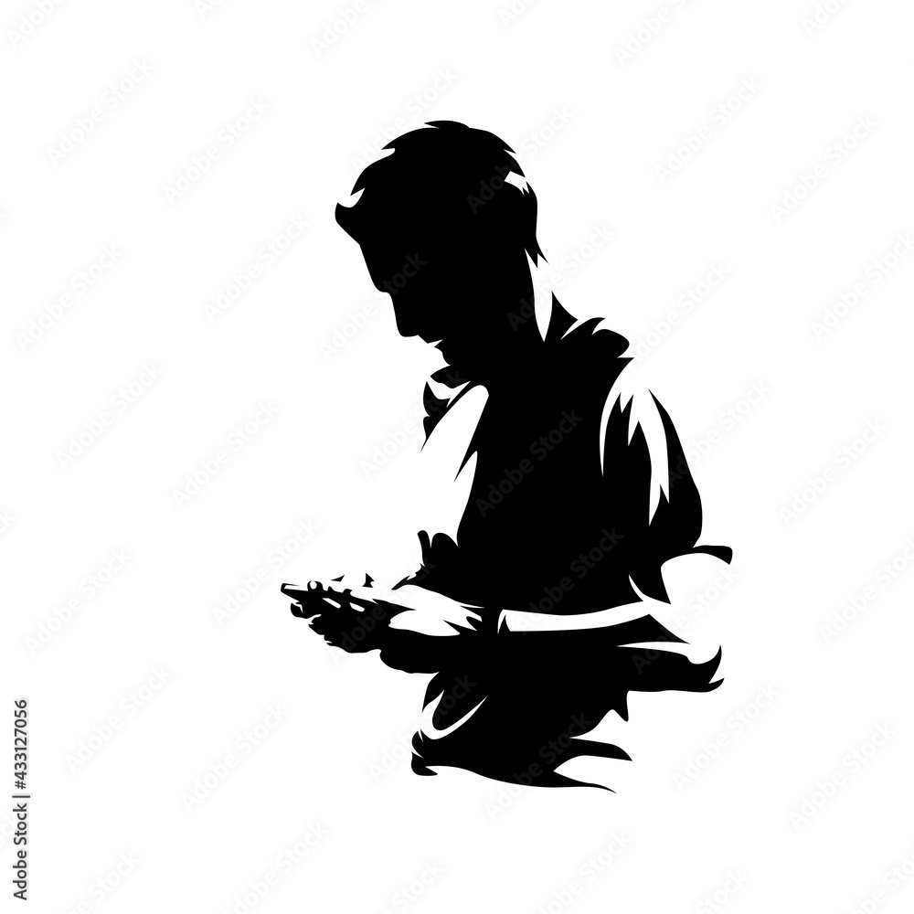 Man holding cell phone and typing message, abstract isolated vector silhouette. Ink drawing, side view