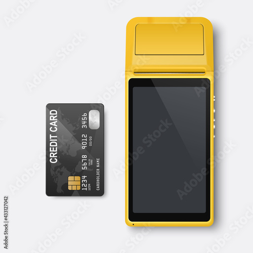 Vector Realistic Yellow 3d Payment Machine. POS Terminal, Credit Card Closeup Isolated. Approved Payment. Design Template of Bank Payment Terminal, Mockup. Processing NFC Payments Device. Top View