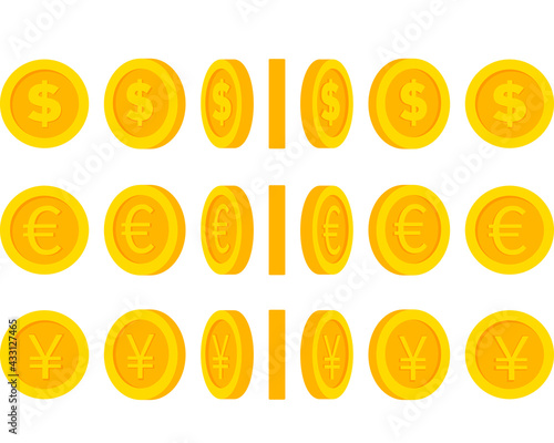 Set of gold coins, vector yellow metal money. Coins from different angles