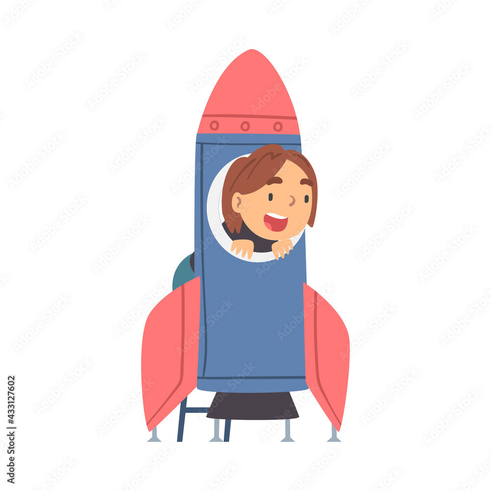 Smiling Girl Playing with Spacecraft Pretending Being Astronaut Vector Illustration Smiling Girl Playing with Spacecraft Pretending Being Astronaut Vector Illustration