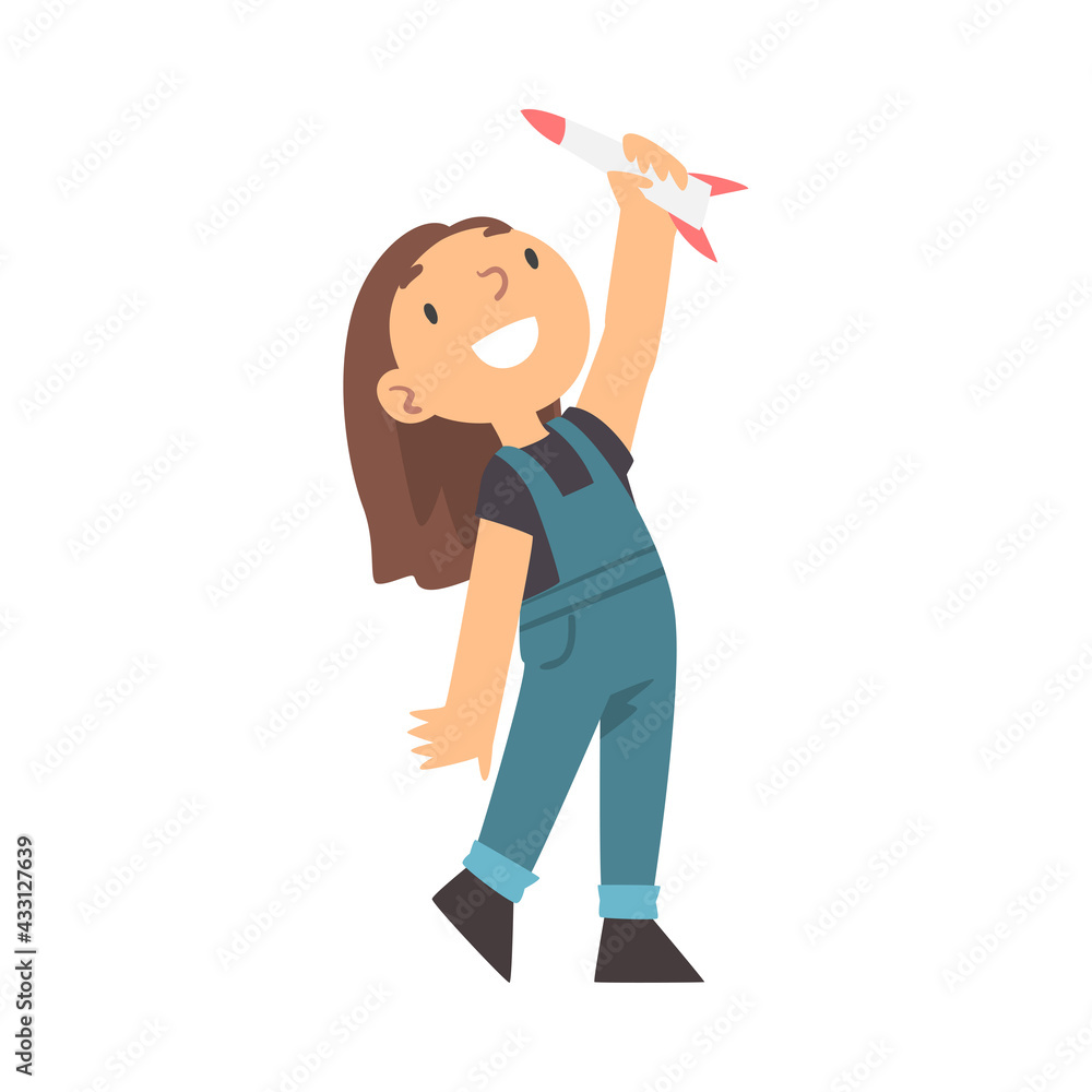 Cute Girl Playing with Toy Spacecraft Vector Illustration Cute Girl Playing with Toy Spacecraft Vector Illustration