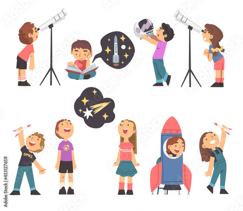 Children Characters Studying Space and Galaxy Dreaming of Being Astronaut and Playing with Spacecraft Vector Set