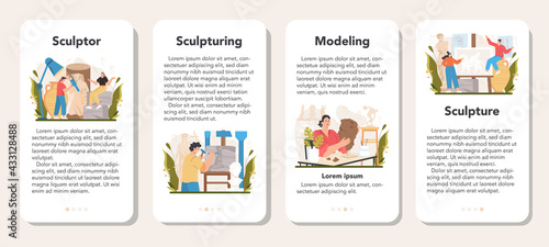 Sculptor mobile application banner set. Creating sculpture of the marble