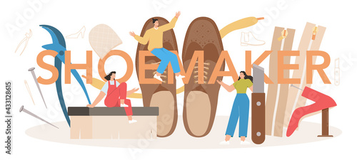 Shoemaker typographic header. Craftsman wearing an apron mending shoe