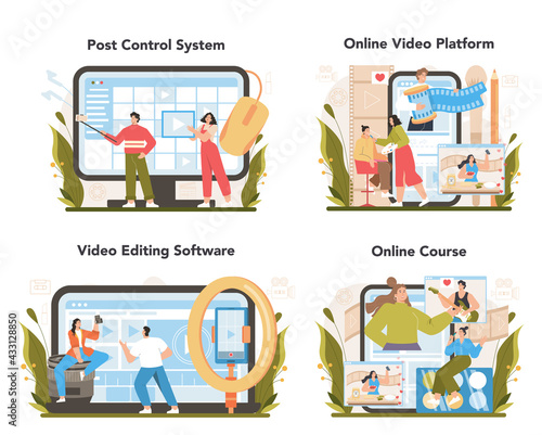 Video blogger online service or platform set. Sharing video content