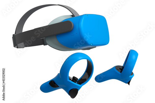 Virtual reality glasses and controllers for online gaming on white background