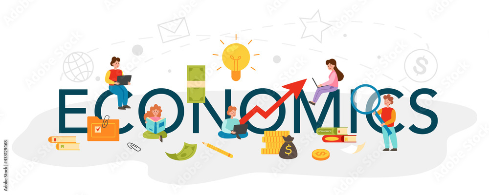 Economics typographic header. Student studying economics and budget. Economics typographic header. Student studying economics and budget.