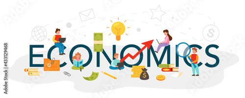 Economics typographic header. Student studying economics and budget.