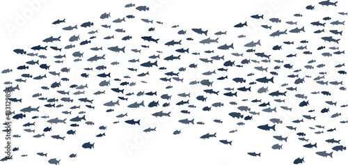 Big school of fish swimming illustration. Ocean or sea animals background.
