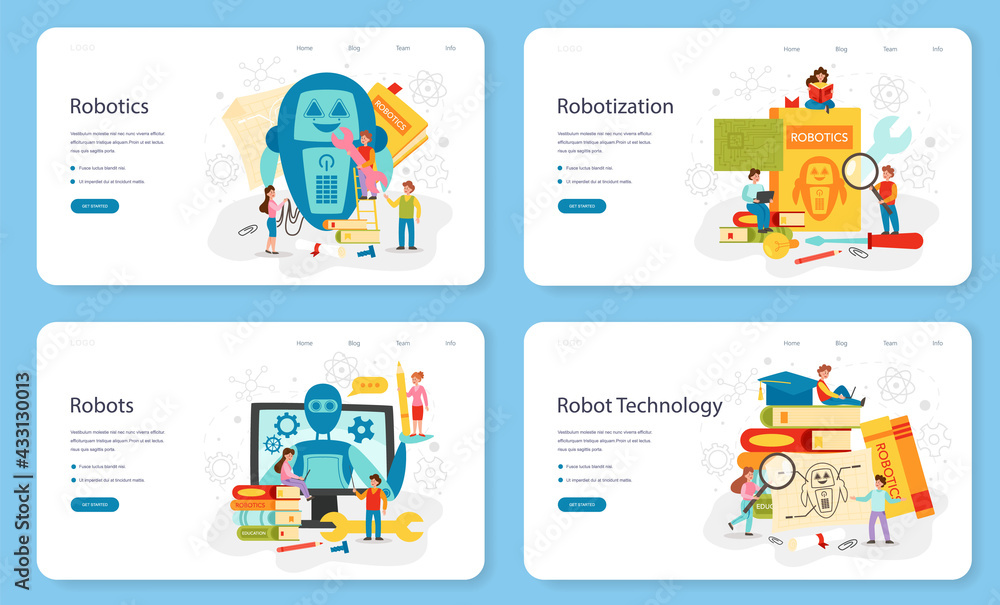 Robotics school subject web banner or landing page set. Robot engineering