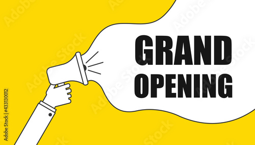 Huge megaphone with Grand opening speech bubble. Loudspeaker. Banner for business, marketing. Vector illustration.